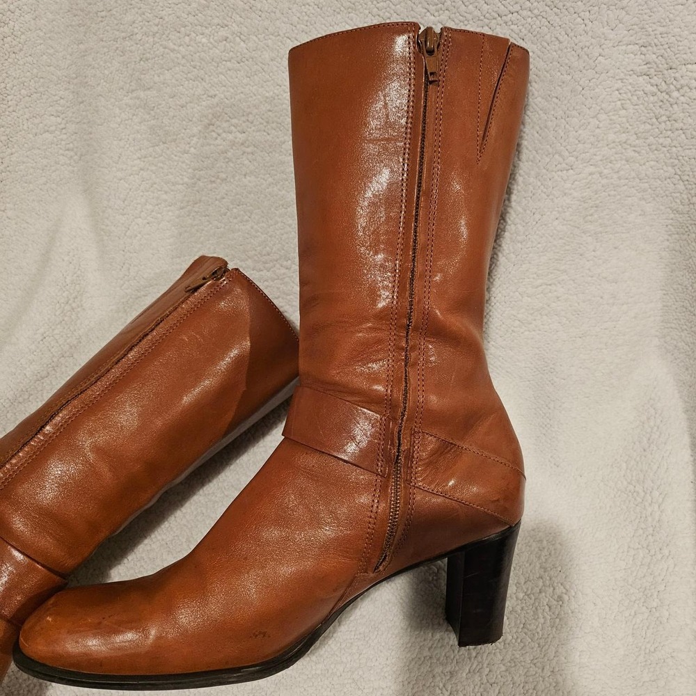 Antonio Melani Toffee Brown leather boots with square toe and buckle design, - Picture 5 of 8